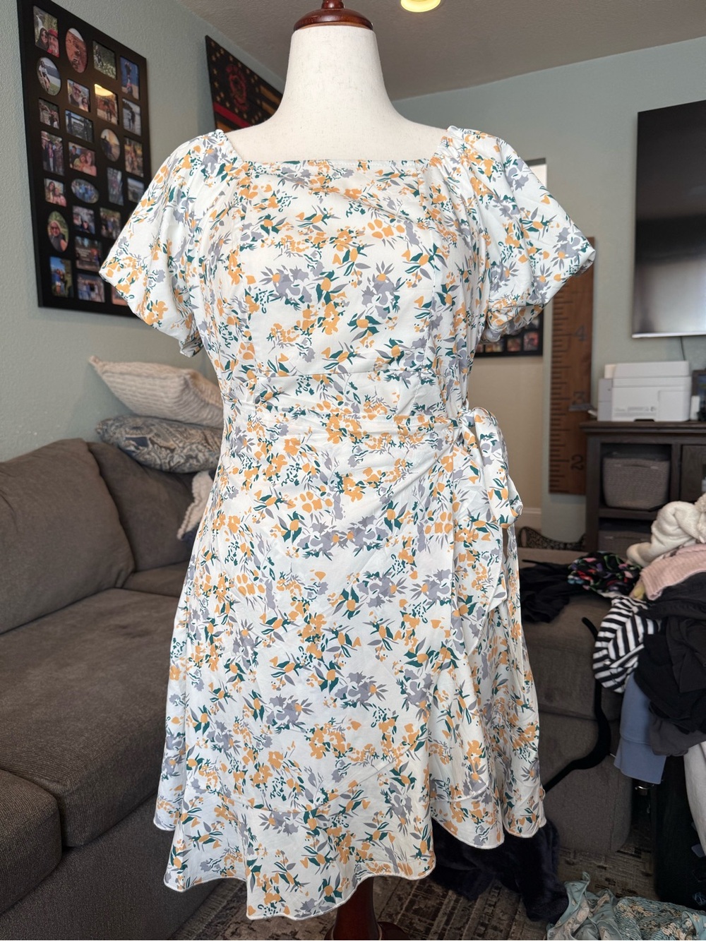 Square-Neck Floral faux Wrap Midi Dress